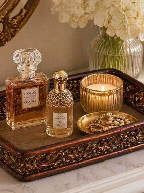 Ornate Bronze Tone Vanity Tray Scrollwork Decorative Accent